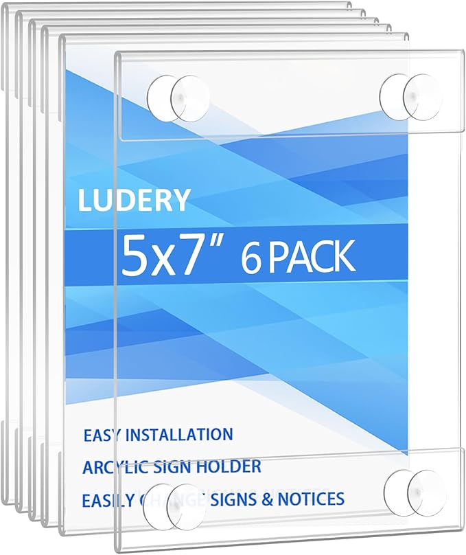 Acrylic Window Sign Holder 5x7 with 4 Suction Cups ,Clear Acrylic Frames Glass Window Wall Mount,Advertising Signage Sign Holder for Mall, Office, Home, Store, Restaurant (6 Pack)