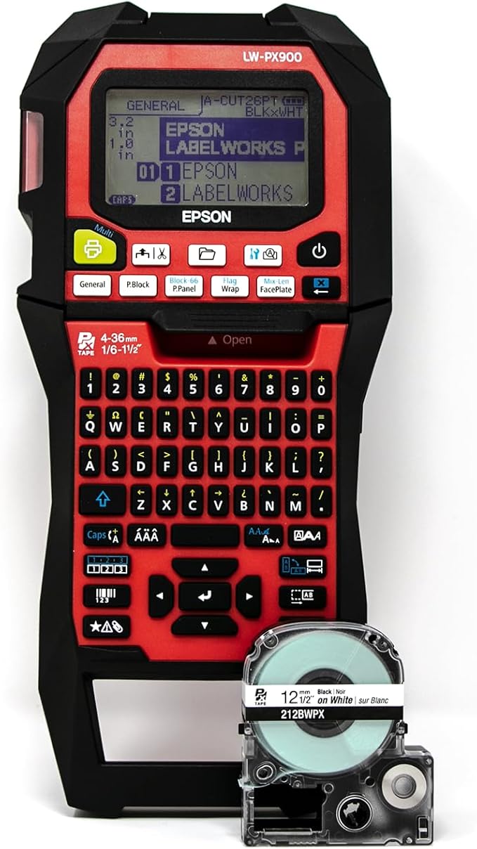 LABELWORKS Epson LW-PX900 Industrial Label Maker and Black on White Vinyl Tape Bundle