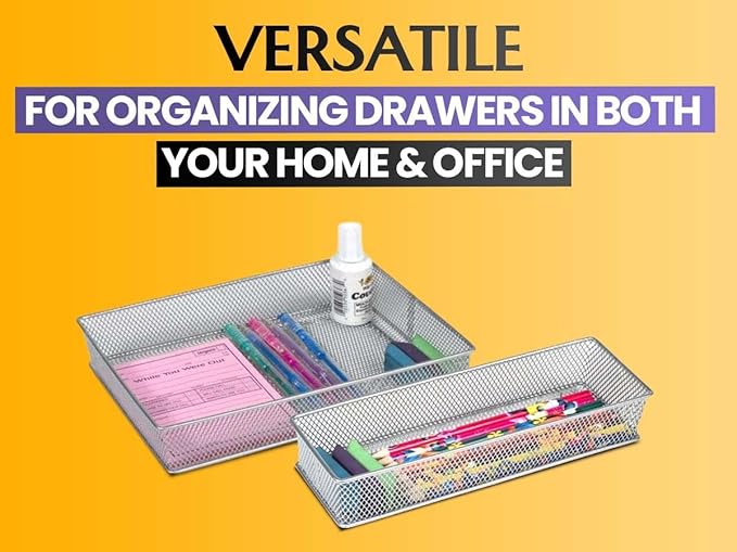 YBM HOME Silver Mesh Drawer Organizer and Storage for Kitchen Drawers, Serves as School Supply Holder, Office Desktop Organizer Basket, Makeup and Craft Supplies Organization, (1 Unit, 4x12x2 Inch)