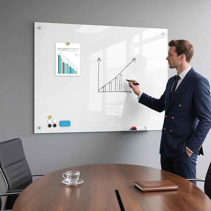 Large Glass Whiteboard, Enhanced Magnetism Glass Dry Erase Board for Wall, 48" x 36" Pure White Tempered Glass Board, 4' x 3' Big White Board for Home, Office, School