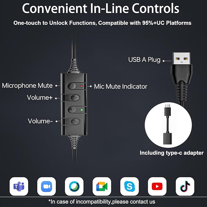 Arama Headset with Microphone for Pc, USB Headset with Mic, Computer Headphones with Noise Canceling Microphone for Laptop, Wired Headphones with Mute for Home Office Online Class Skype Zoom Meetings