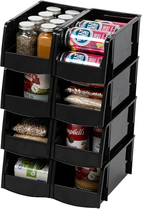 IRIS USA Medium Stackable Storage Bins, 8-Pack, 11" L x 6" W x 5" H, |Made in USA|, Plastic Open Front Shelf Bin for Organizing Parts, Hardware, Tools, Supplies, Garage Shelf, Pantry - Black