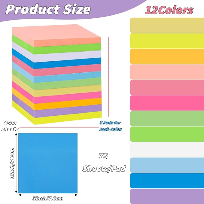 60 PCS Sticky Notes Bulk 3x3 Inch Colorful Sticky Notes 75 Sheets/Pad 12 Colors, Adhesive Sticking Self-Stick Multicolor Memo Note Pads for Teacher Student School Office Meeting Blank Desk Pads