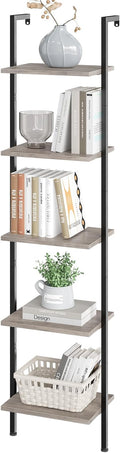 ELYKEN Ladder Shelf, 5-Tier Wood Wall Mounted Bookshelf with Metal Frame, Vintage Open Display Organizer Rack, Leaning Storage Shelves for Living Room, Bedroom, Home Office, Greige