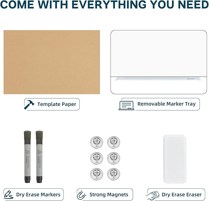 J&J worldwide Magnetic Glass Whiteboard 6' x 4' Ultra White, Large Frameless White Boards for Walls 72 x 48 Inches, Large Dry Erase Board for Office, Home, School