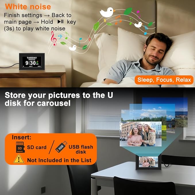 Digital Alarm Clock for Seniors - No-Abbreviation Date HD Display Auto Dimming Photo FrameWhite Noise DST Adjustment, Ideal Gift for Elders (7inch Black)