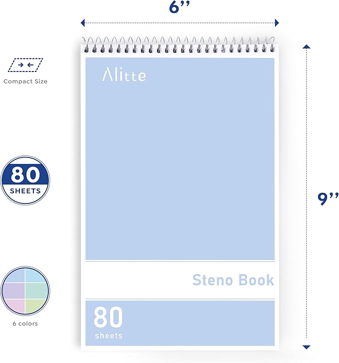 Alitte Steno Pads Spiral 6x9-24 Pack Pastel Colors - Perfect for Work, School, and Home Use, Easy Tear-Off Pages, Gregg ruled, White Paper - No Ink Bleeds - 80 Sheets