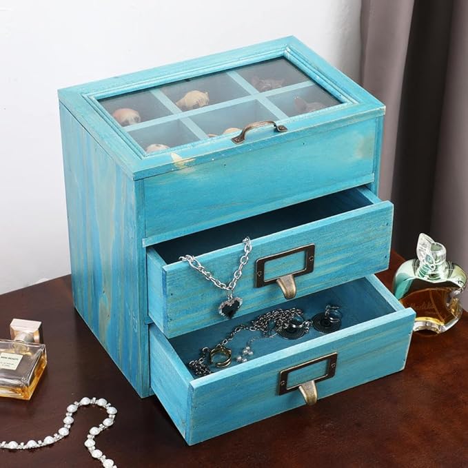 Wooden Storage Box Wooden Desk Organizer with 2 Drawers and 6 Grids Apothecary Drawers Small Wooden Drawers Small Craft Storage Containers Jewelry Holder for Women(Glass Blue02)