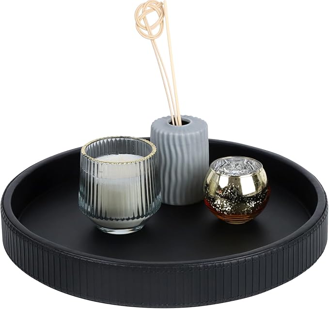 HofferRuffer Round Decorative Tray, Faux Leather Vanity Tray Decor, Decorative Catchall for Perfume, Bathroom Valet, Nightstand or Dresser, 12 x 12 x 1.6 inches (Black Stripe)