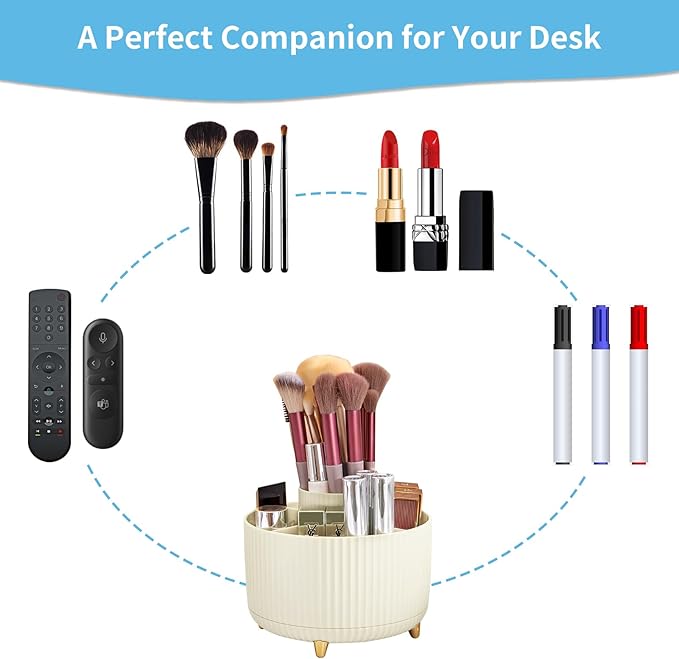 Marbrasse Desk Organizer, 360-Degree Rotating Pen Holder, 5-Compartment Pencil Organizer, Art Supply Storage Box Caddy for Office and Home (Ivory)