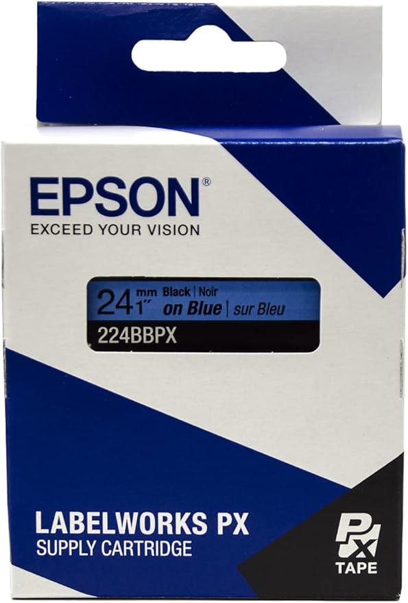 Epson LABELWORKS 224BBPX Genuine PET (Polyester) Tape Cartridge - Black on Blue Label Maker Tape - 1" (24MM) Wide, 30'