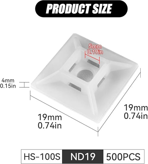 500Pcs Adhesive Zip Tie Mount, 3/4in Cable Tie Mount, Plastic Zip Tie Mounting Squares, Sturdy Zip Tie Sticky Mounting Pads for Desk Cable Organizer (White, 3/4"-500pcs)