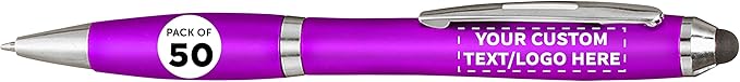 DISCOUNT PROMOS Custom Plastic Stylus Pens Set of 50, Personalized Bulk Pack - Black Ink, Great for Office, School, Business, Tradeshows, Events - Purple