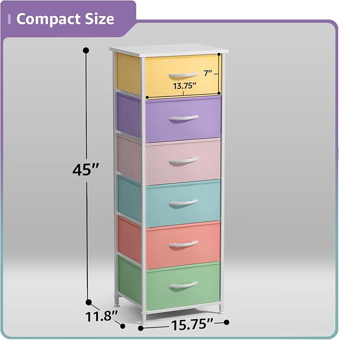 Sorbus Fabric Dresser for Kids Bedroom - Chest of 6 Drawers, Tall Storage Tower, Clothing Organizer, for Closet, for Playroom, for Nursery, Steel Frame, Fabric Bins - Wood Handle (Multi-Pastel)
