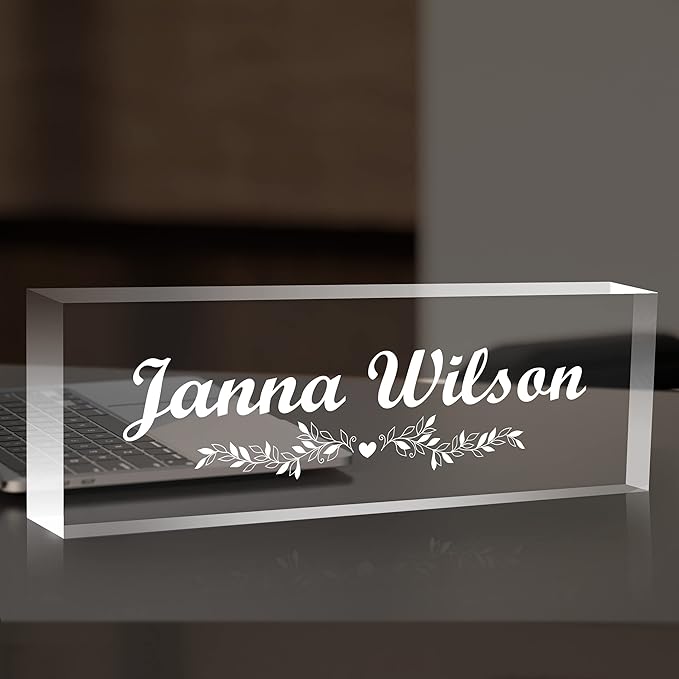 Personalized Desk Name Plate, Custom Acrylic Glass Name Plates for Desks, Office Desk Decor Nameplate, Desk Accessories, Teacher Boss Coworkers Employee Appreciation Gift (Engraved Flower 1)
