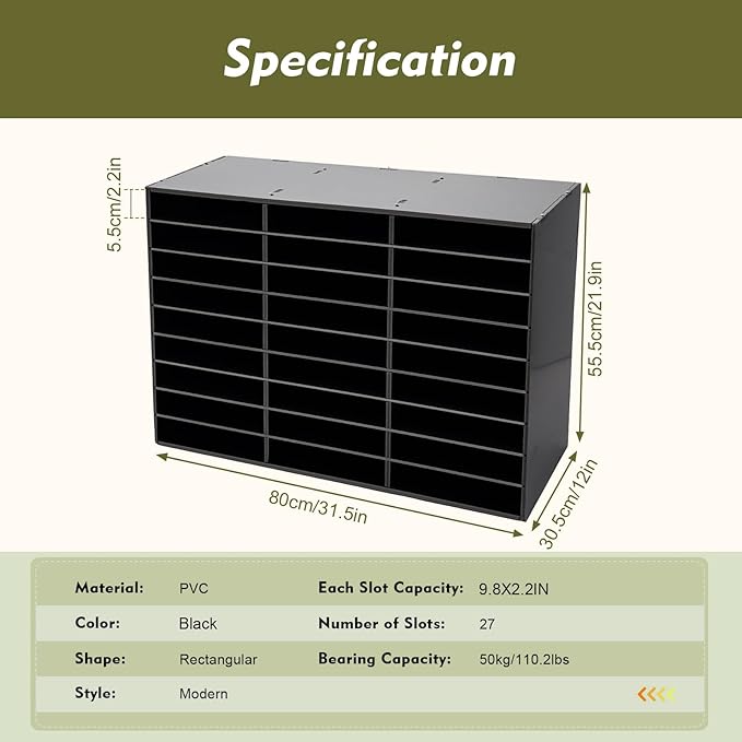 Literature Organizer - 27 - Slot Desktop File Sorter & Mail Center, Paper Storage Cabinet for Home, School & Office (Black)