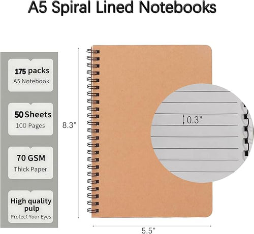 175 Pack A5 Spiral Notebooks Journal Bulk with Kraft Cover, 5x8 Inches, 100 Pages/ 50 Sheets，Ruled Lined Paper, for Work, Sketches, Study, Notes Taking, Gifts, Brown