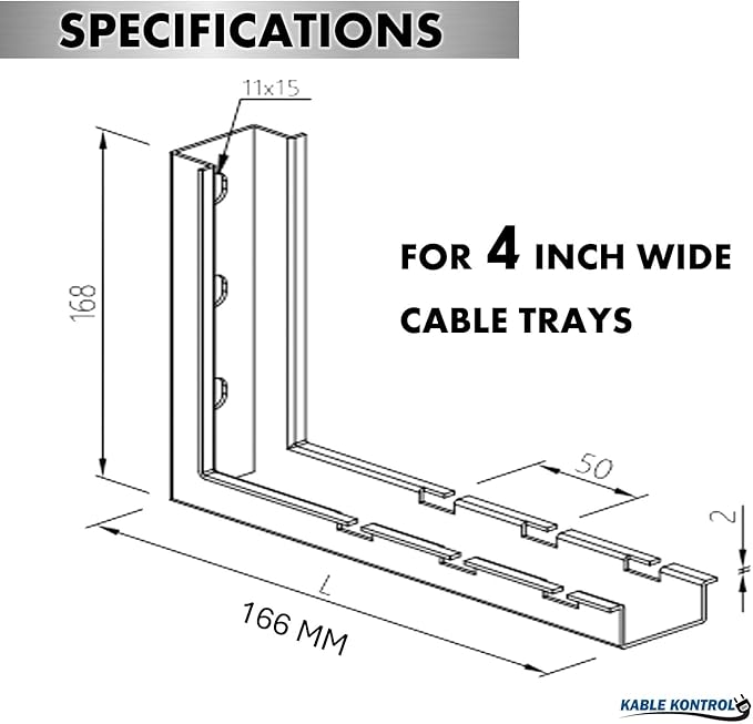 Kable Kontrol Stainless Steel L Type Bracket – 4” Width - Wire Mesh Tray Cable Management Rack Cords Organizer Cable Basket, NEC Approved for Network, Fiber Optic, Cabling Accessory