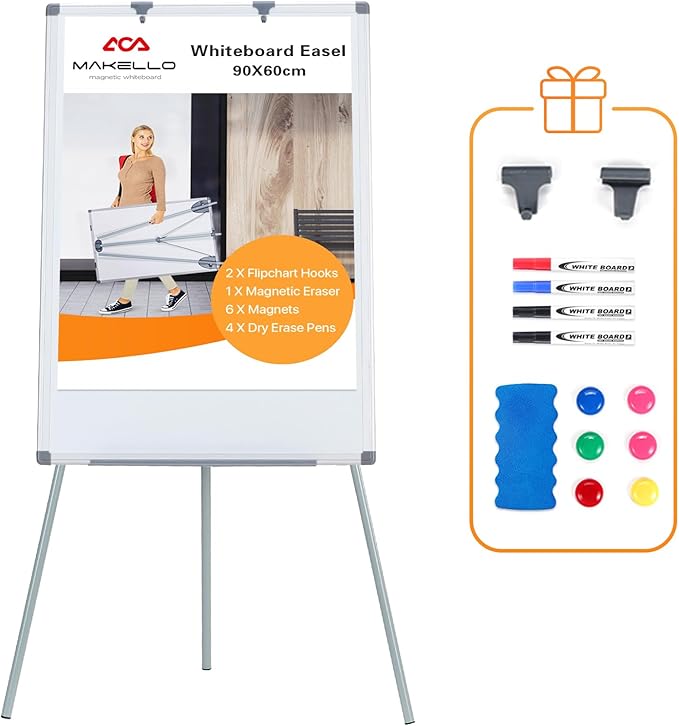 MAKELLO White Board with Stand, Portable Whiteboard Easel 3'x2' for Office Classroom Home School, Adjustable Height, Aluminum Frame, 36x24in