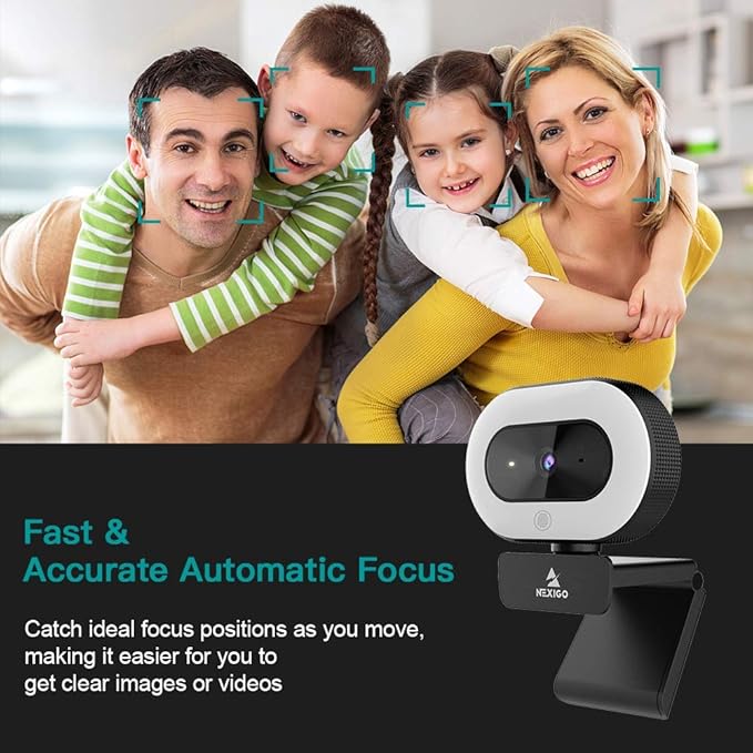 NexiGo StreamCam N930E, 1080P Webcam with Ring Light and Privacy Cover, Auto-Focus, Plug and Play, Web Camera for Online Learning, Zoom Meeting Skype Teams (Renewed)