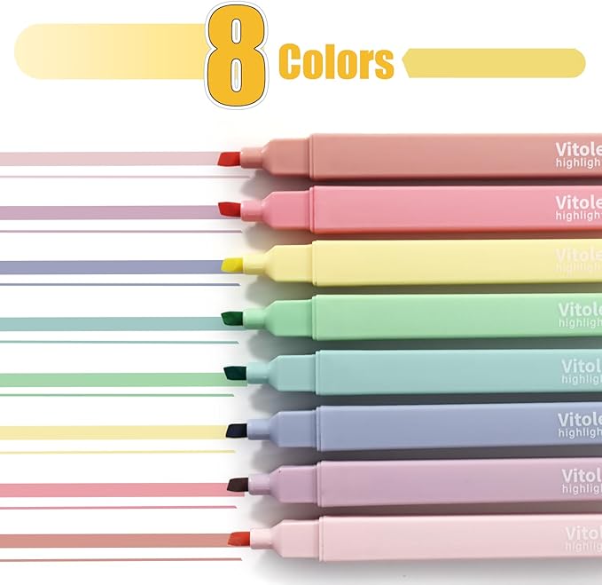 Piochoo Highlighters, 8 pcs Aesthetic Pastel Highlighters, Chisel Tip Book Highlighter, Candy Colors, No Bleed Bible Highlighter Assorted Colors