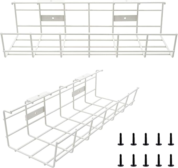 Under Desk Cable Tray - 2 Pack Cable Raceway for Wire Management. Metal Wire Organizer for Office, Studio and Home. Super Sturdy Cord Organizer for Desk - White Cable Management Under Desks