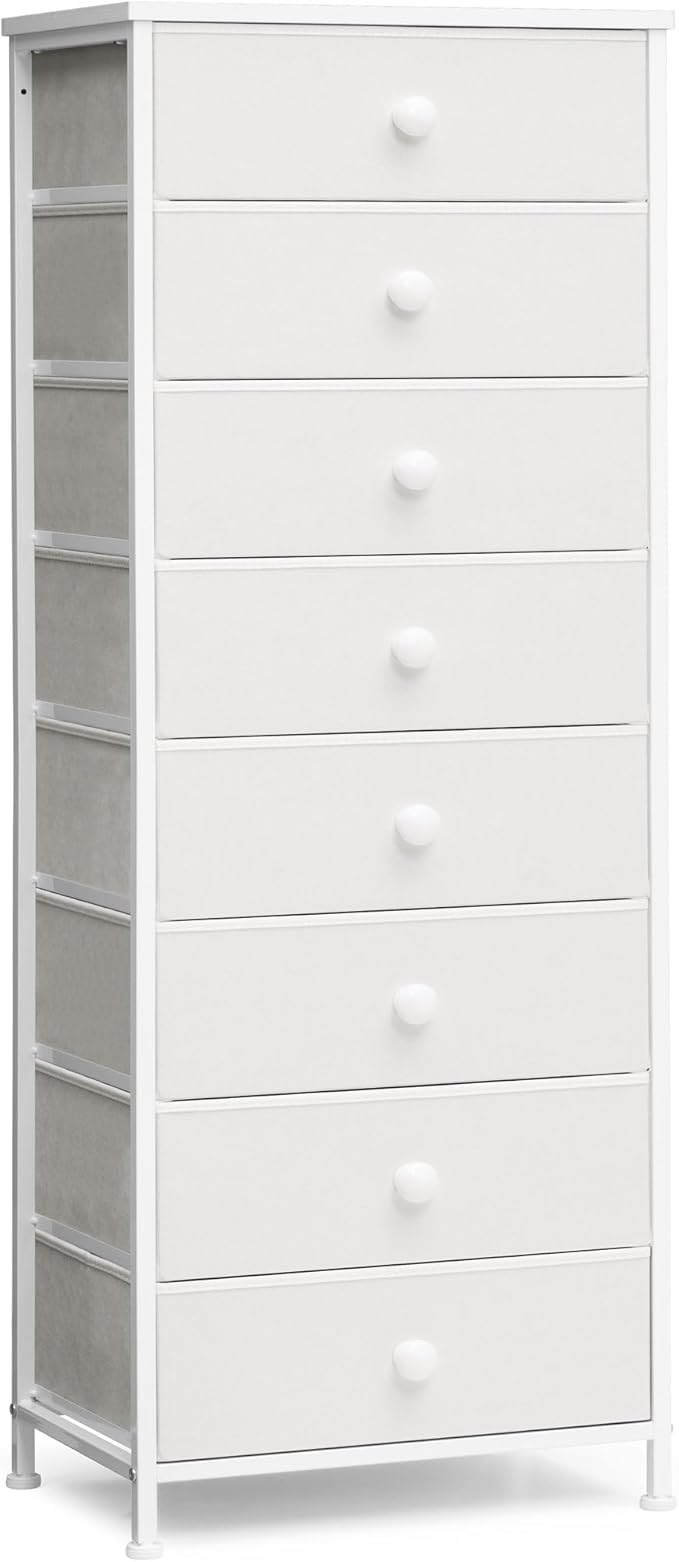 Crestlive Products Tall Dresser, 8-Drawer Fabirc Storage Tower, Chests of Drawers - Vertical Organizer Unit for Bedroom, Hallway, Entryway, Nursery, Closets - Steel Frame, Wood Top & Handles (White)