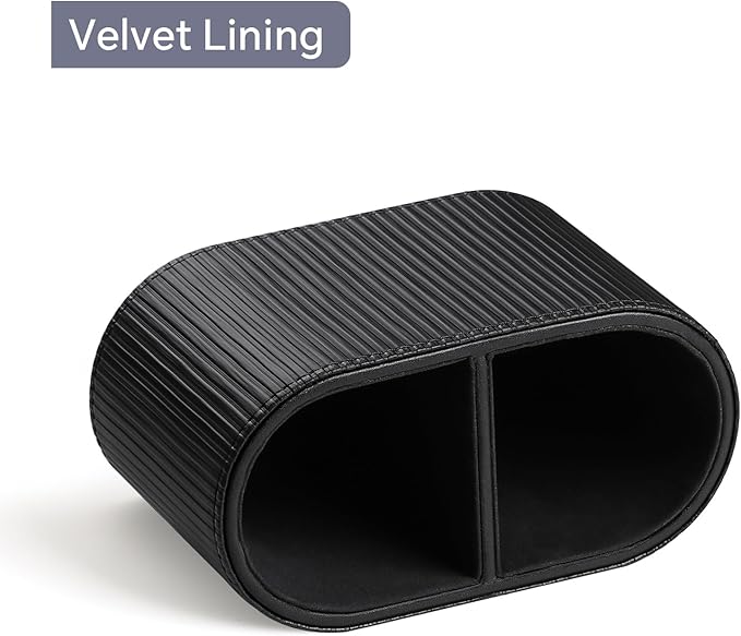 PU Leather Pen Holder for Desk, Small Remote Control Holder Pencil Cup Multifunctional Desktop Organizer Caddy for Home School Office Desk Accessories - 2 Compartments (Black Ribbed Texture)