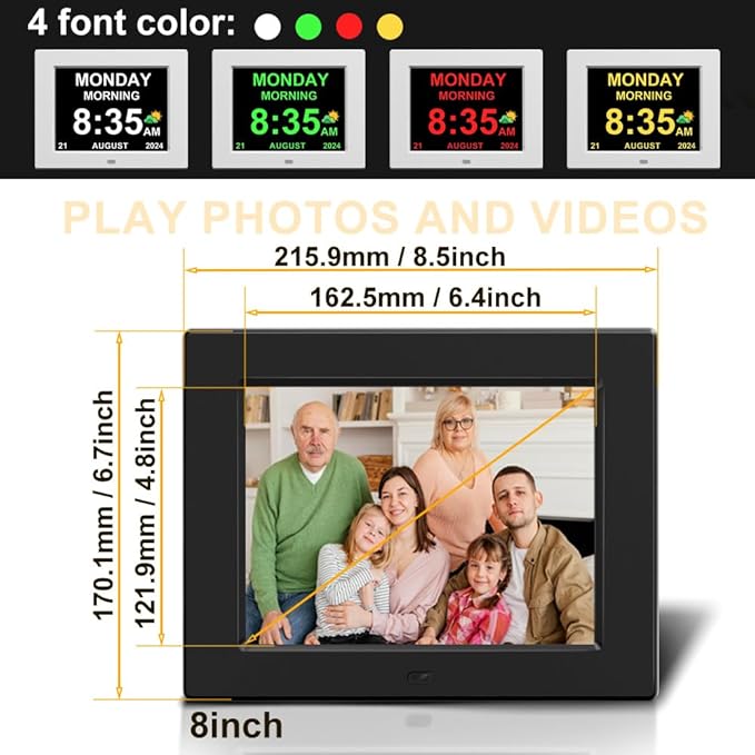 8‘’ Digital Calendar Day Clock, Gifts for People with Dementia Alzheimers, Large Display Alarms Clock for Seniors Electric Clocks with Date Day of Week 12 Alarms 4 Colors Auto DST/Dimmer