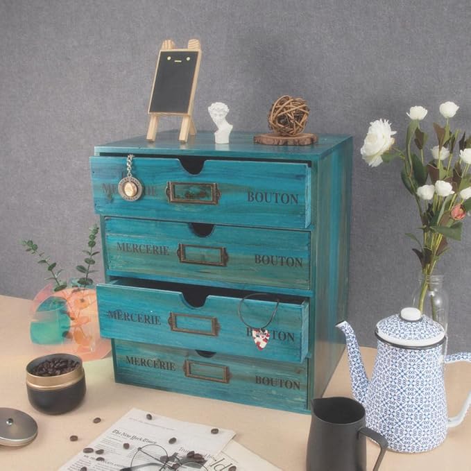 Wooden Storage Box with Drawers Vintage Office Supplies and Accessories Letter Tray Wood Desktop File Organizer 4 Tier Paper Sorter School Supply Holder Rustic Jewelry Box (LARGE BLUE)