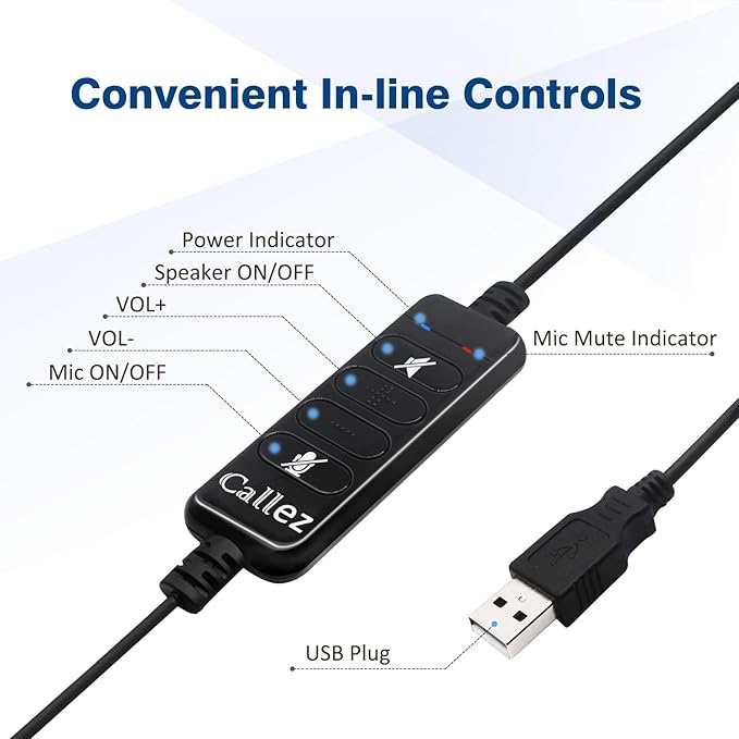 Callez USB Headset with Microphone Noise Cancelling & Audio Controls, Wideband Computer Headphones for Business UC Skype Lync Softphone Call Center Office, Clearer Voice, Super Light, Ultra Comfort