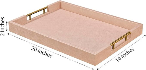 14x20 Inches Champagne Faux Leather Wrapped Wood Serving Tray with Metal Handles for Various Occasions, Ottoman, Home Decorative, Living Room, Coffee Table Organizer, Serving Breakfast On Bed