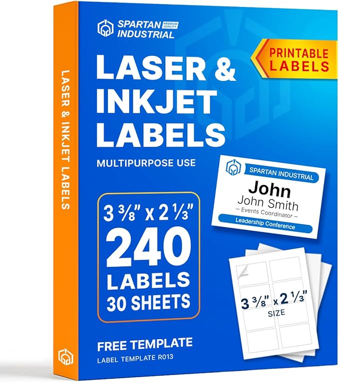 2 1/3" X 3 3/8" Matte White Printable Labels for Inkjet and Laser Printers - 30 Sheets, 240 Custom Stickers, Name Tags, Hello My Name is Stickers, Shipping Labels - Spartan Industrial Template R013