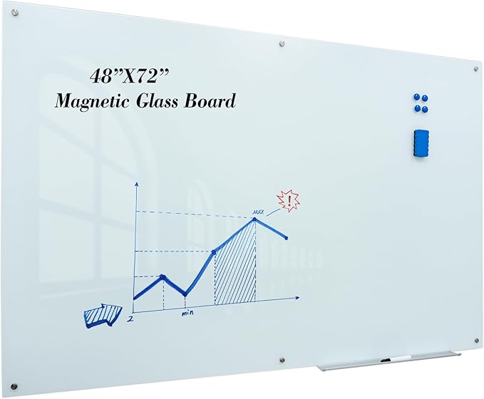 Magnetic Large Glass Board 72"x 48" Dry Erase Writing Board Premium Tempared Galssboard Frameless Message Board with Full Accessories Wall Mounted White Board