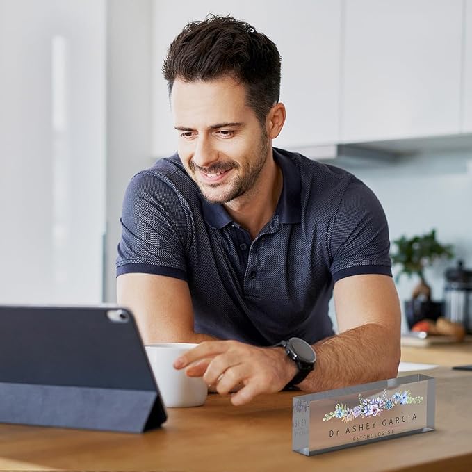 Office Desk Name Plate Personalized, Custom Acrylic Desk Name Plate Ideal/Meaningful Office Decor for Coworkers, Boss, Employee Appreciation Gift for Women & Men(Watercolor Flowers)