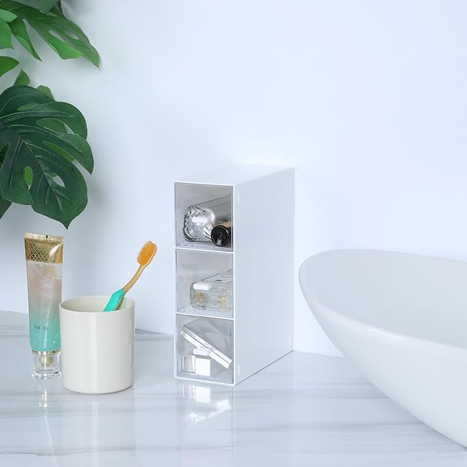 Desktop Drawers, Desk Organizer with 3 Drawers, Stackable Plastic Storage Box for Home Collection, Cosmetics, Office Supplies (1 Tall Layer, White)