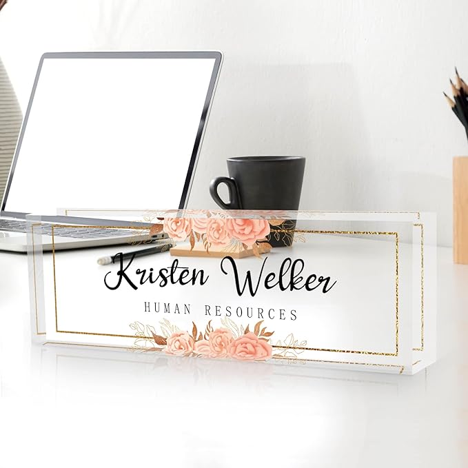 Custom Name Plate for Desk, Desk Name Plate Personalized, Office Decor for Women Men, Acrylic Desktop Accessories, Office Gifts for Coworkers Boss Teacher, Employee Appreciation Gifts (Flowers D)