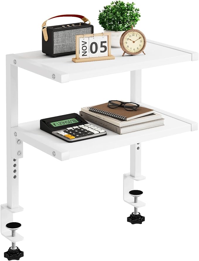 IBUYKE Clamp on Desk Organizer Shelf,12.9 inches Desk Extender Shelves, Above or Below Desk 2-Tier Adjustable Storage Shelves for Desktop Accessories,White,TMZ007W