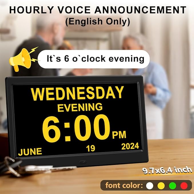 CAZOKASI Extra Large Impaired Vision Digital Alarm Clock with Day and Time for Elderly Calendar Clock Auto Dimmable Clock (10.1 Inch Black)