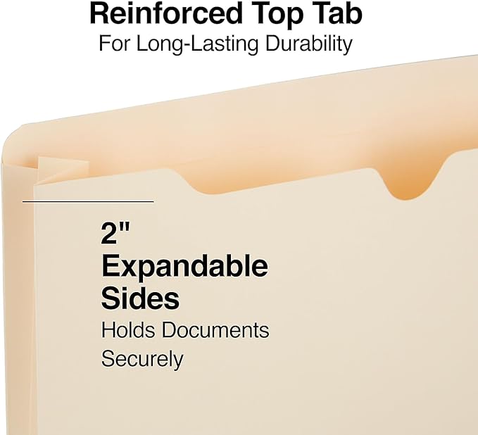 Staples Jacket File Folders, Letter Size, Manila, Expandable 2-Inch Sides, Bulk 50-Pack