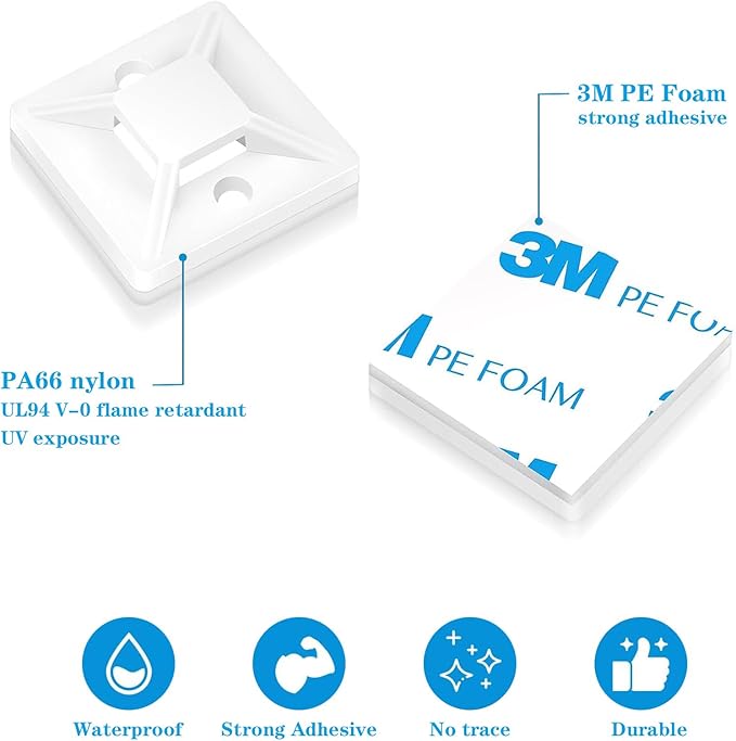 zip tie mounts （100PCS）,transparent adhesive wire clips19.5mm-19.5mm，100PCS 150mm adhesive zip cable tie mounts(white)