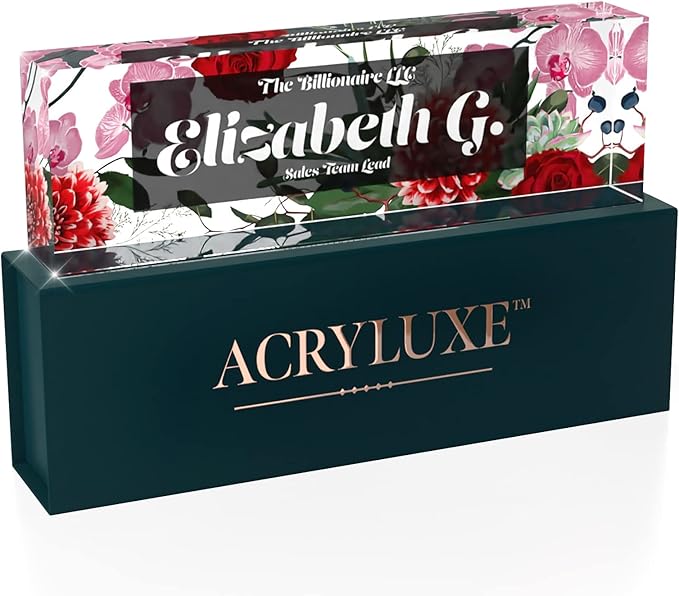 Desk Name Plate Personalized, Custom Name Plates, 2½/x8 Inches, Thick Crystal-Clear Acrylic, Gift Box, Office Desk Decor. USA Made by ACRYLUXE (Spring)