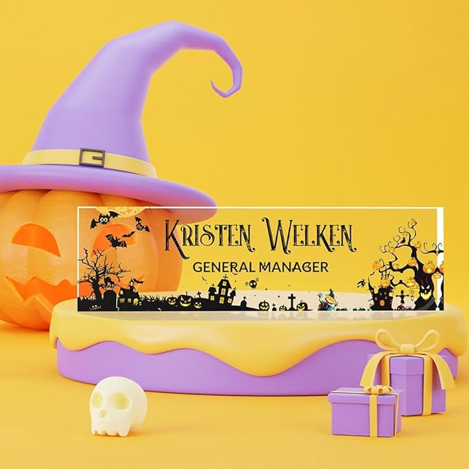 Personalized Name Plate for Desk | Halloween Decor for Work | Custom Desk Decor for Classroom | Acrylic Office Desktop Decorations | Holiday Gifts (Halloween Pumpkin Party)