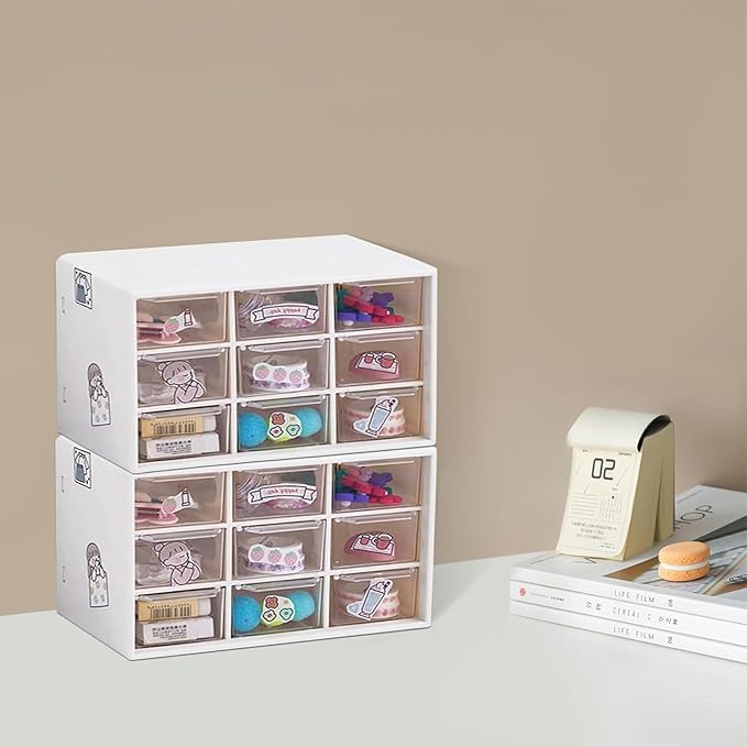 6 Pcs Small Drawer Organizer for Desk Mini Desktop Drawers 6.9" x 3. 8" x 4.6" Plastic Desktop Storage Box with 9 Clear Drawers for DIY Art Classroom Office Supplies, Dust-proof (White)