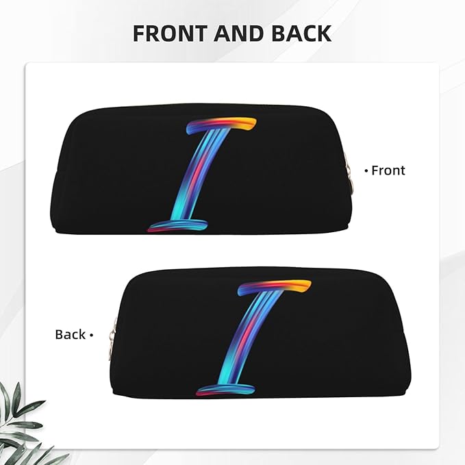 Cute Initial Pencil Case for Kids Simple Leather Pencil Pouch for Boys Girls Letter Design Pencil Box Pen Bag Pencil Pouch Office Stationery Organizer, Rainbow Letter I