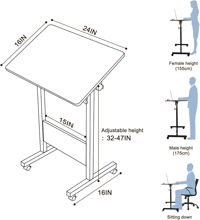 KOUPA Adjustable Height Standing Desk, Writable Tempered Glass Desktop with Eraser, 360° Flip, Wheels – Ideal for Small Spaces and Home Offices, 24 in, White(Adjustable Height: 32-47 in)