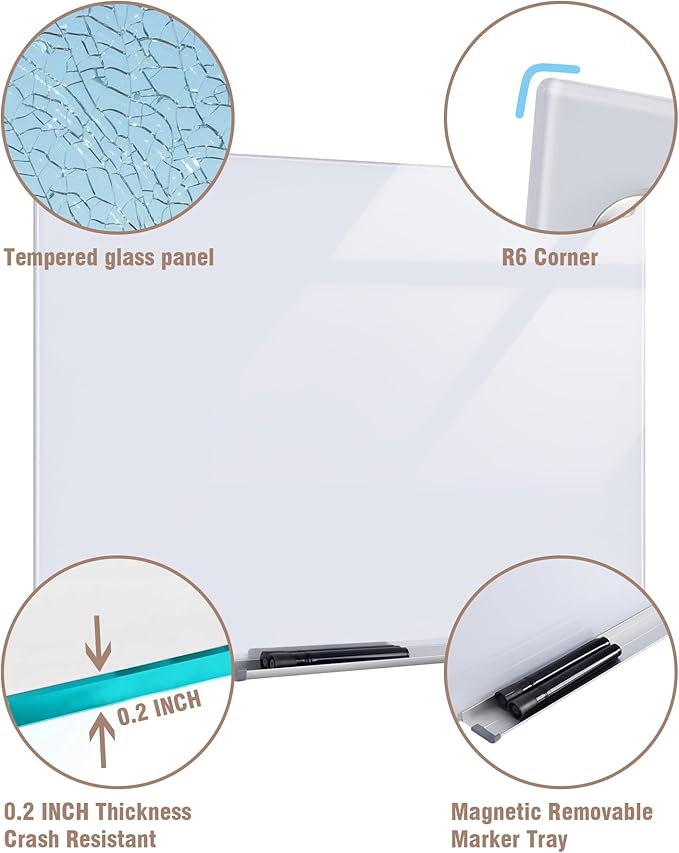Mifuro Magnetic Glass Whiteboard，48"x36" Wall Mounted Frameless Dry Erase Board for Office, Home & School Ultra White