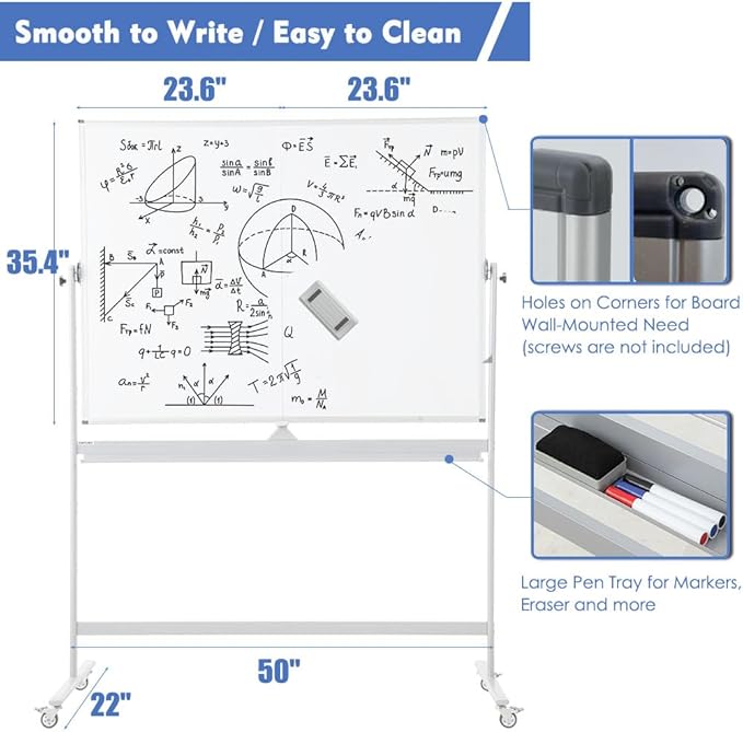 FORTUNO Magnetic Mobile Whiteboard 48"x36", Rolling Double Sided Dry Erase Board with Stand, Reversible Adjustable Height/Angle Easel White Board on Wheels 4' x 3' for Office Classroom Home