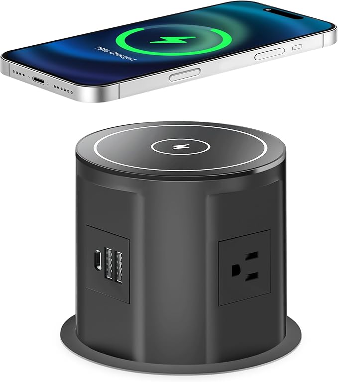 Pop Up Outlet for Countertop with 15w Wireless Charger, 4.7-Inch Pop Up Outlet with 4 Outlets and 2 USB-A, 1 USB-C, Pop Up Power Outlet for Kitchen Countertop, Conference Room, Study Room (Black)
