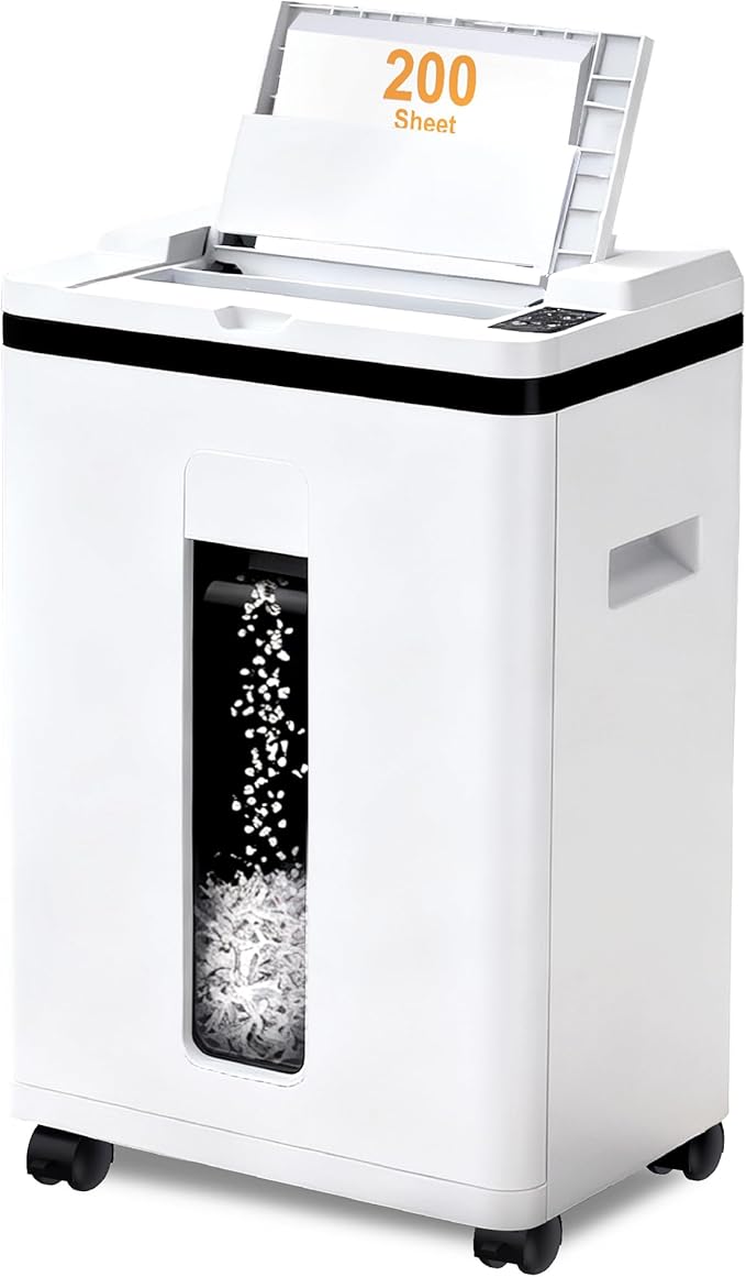 200-Sheet Auto Feed Paper Shredder, 40 Min Non-Stop Heavy Duty Shredders, P-5 Ultra Security Commercial Paper Shredder for Home Office, Micro Cut Shredder with Casters, 5.8 Gal, <60 dB(White)
